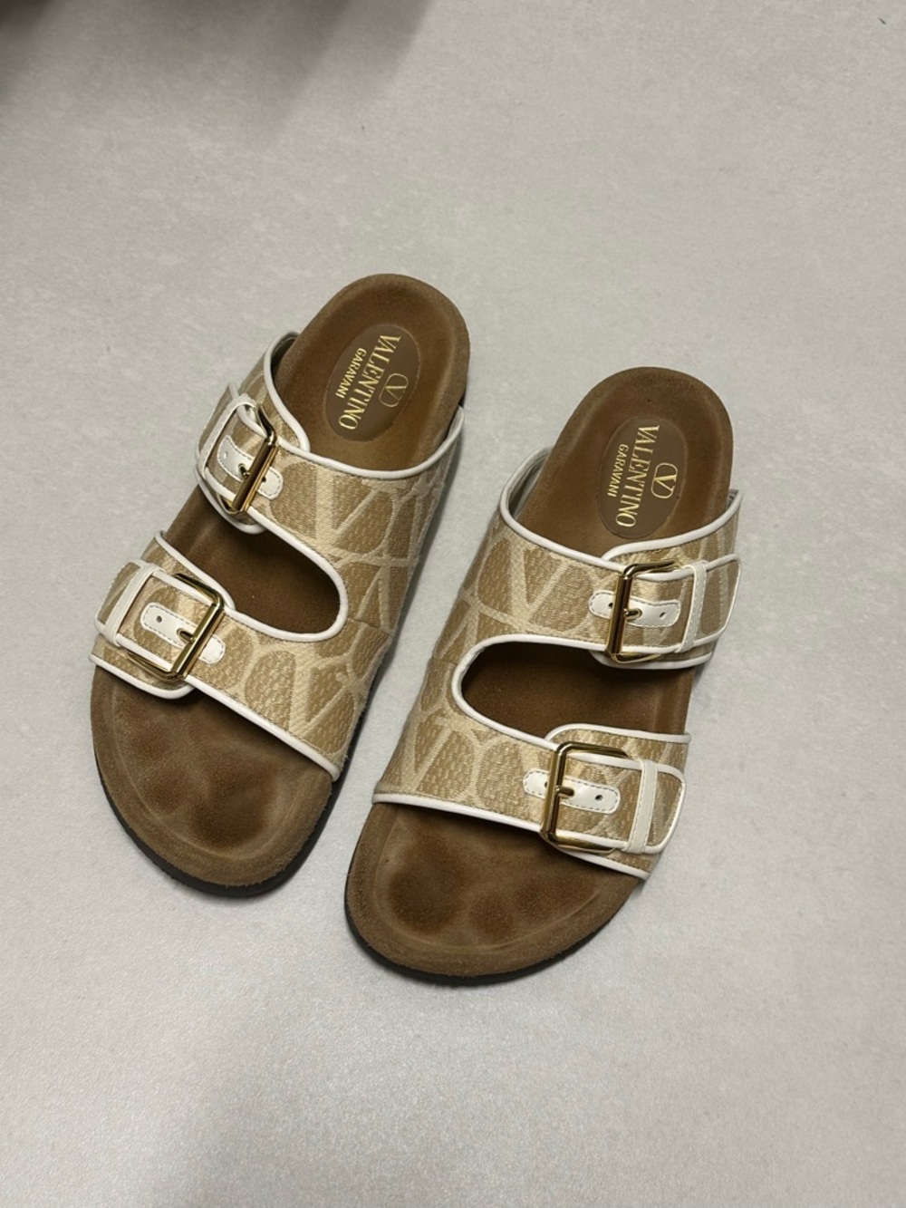 Valentino Garavani Beige Monogram Double-Buckle Sandal Slides